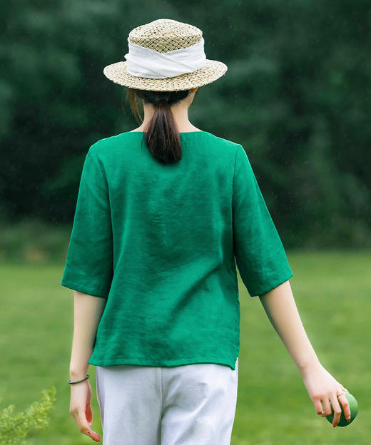 民族风刺绣t恤，中式盘扣改良斜襟上衣前短后长文艺亚麻中袖套头衫YM-C001 商品图2