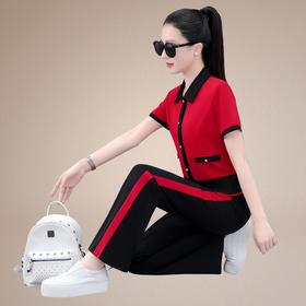 SP171-23017翻领休闲运动服套装女夏季2023新款时尚洋气宽松显瘦年轻两件套潮