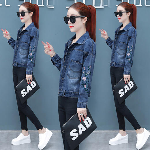 FFJR-外套 3刺绣牛仔外套女长袖新款韩版绣花宽松小夹克秋装短款外套大码 商品图3