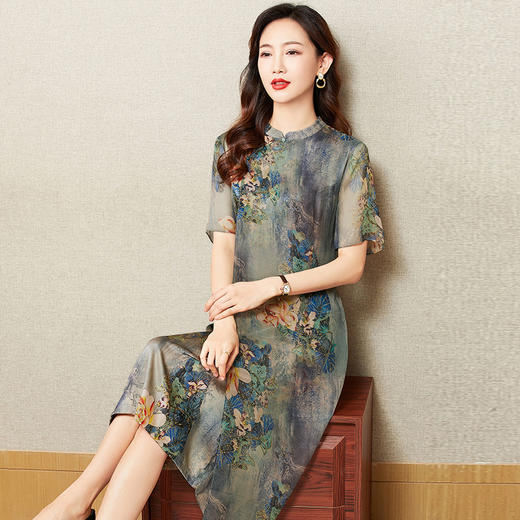 重磅真丝连衣裙夏季新款显瘦桑蚕丝裙子妈妈改良旗袍裙KQN-221213 商品图1