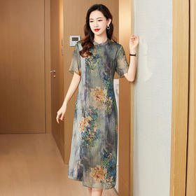 重磅真丝连衣裙夏季新款显瘦桑蚕丝裙子妈妈改良旗袍裙KQN-221213