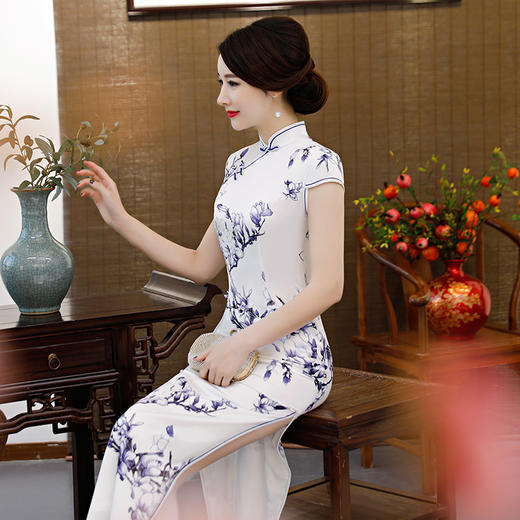N49淡雅脱俗2023春夏新款气质中国风优雅长款仿真丝旗袍 商品图1