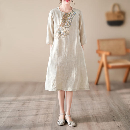 中国风棉麻连衣裙复古盘扣刺绣花中式茶服女装中长裙SJ-9261 商品图0