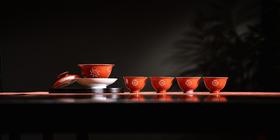 富玉窑  景德镇手工扒花宫红盖碗5头茶具