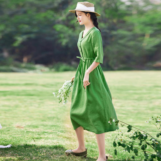 春装纯色国风复古连衣裙，原创绿色系带棉麻中长裙YM-S232 商品图3