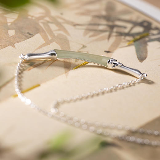 S925纯银镶嵌和田玉白玉竹节磨砂个性百搭锁骨链套链 商品图2