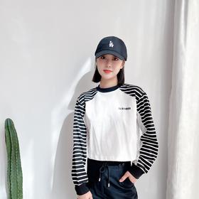 慵懒风长袖T恤23春夏新款字母印花休闲宽松拼接条纹短款上衣女