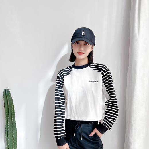 慵懒风长袖T恤23春夏新款字母印花休闲宽松拼接条纹短款上衣女 商品图0