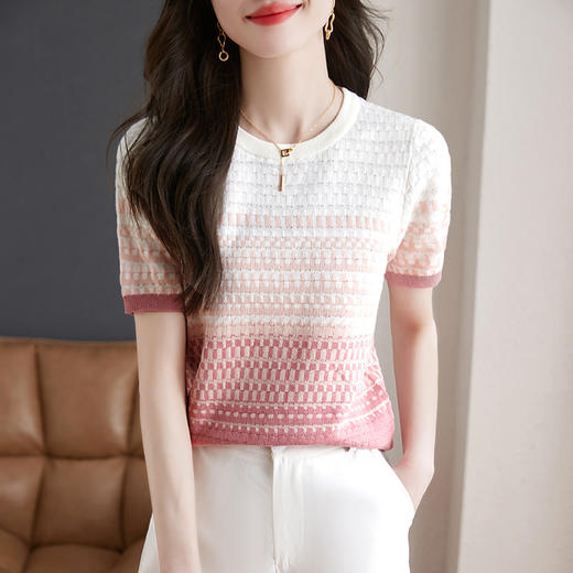 镂空显瘦短袖条纹针织衫，夏季新款短款百搭上衣薄半袖小衫CC-MLX367 商品图1