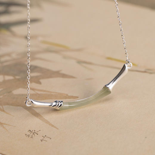 S925纯银镶嵌和田玉白玉竹节磨砂个性百搭锁骨链套链 商品图6