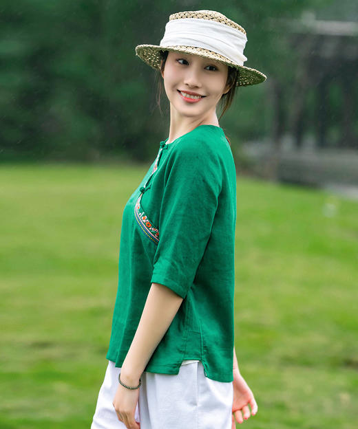 民族风刺绣t恤，中式盘扣改良斜襟上衣前短后长文艺亚麻中袖套头衫YM-C001 商品图3