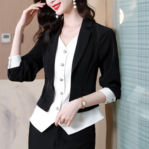 MZSMZ3052 欧洲站2023春装假两件设计感拼接衬衫西装上衣不规则洋气别致 商品图0