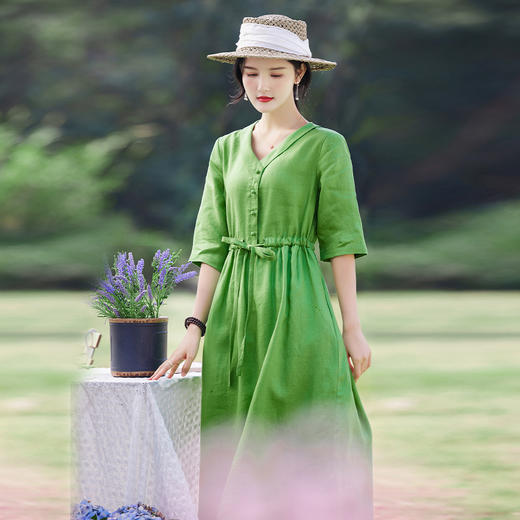 春装纯色国风复古连衣裙，原创绿色系带棉麻中长裙YM-S232 商品图1