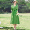 春装纯色国风复古连衣裙，原创绿色系带棉麻中长裙YM-S232 商品缩略图0