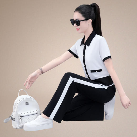 SP171-23017翻领休闲运动服套装女夏季2023新款时尚洋气宽松显瘦年轻两件套潮 商品图3