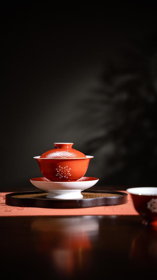 富玉窑  景德镇手工扒花宫红盖碗5头茶具 商品图3