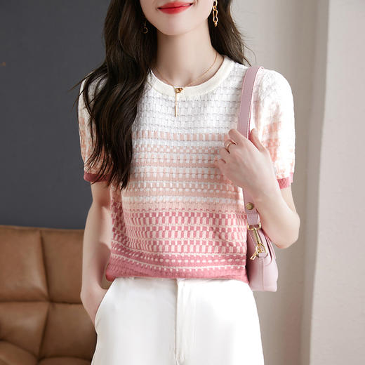 镂空显瘦短袖条纹针织衫，夏季新款短款百搭上衣薄半袖小衫CC-MLX367 商品图0