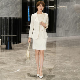 杏色西装套装女2023春装新款气质通勤外套连衣裙修身两件套