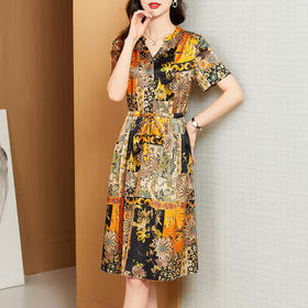 时尚缎面真丝连衣裙夏新款V领印花气质收腰桑蚕丝LS-2206