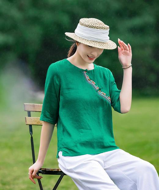 民族风刺绣t恤，中式盘扣改良斜襟上衣前短后长文艺亚麻中袖套头衫YM-C001 商品图1
