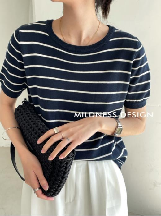 【岚可可韩系百搭圆领条纹羊毛短袖】夏天的单品百搭度条纹是nice的  即带着浓郁的复古 也沉淀着时尚 商品图1