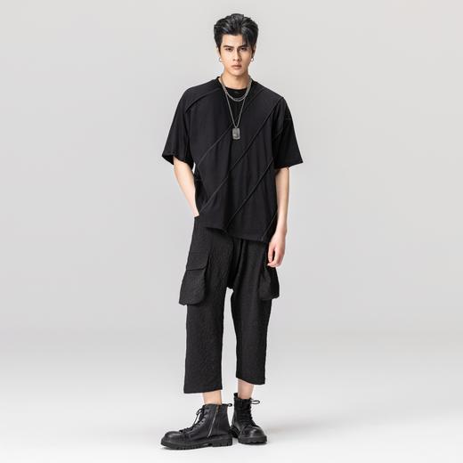 PINLI品立2023夏季新款男士黑色九分裤宽松潮牌提花直筒休闲裤子B232117013 商品图3