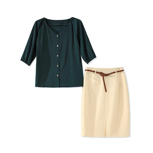 气质复古，时尚V领灯笼七分袖衬衫+前开叉半身裙两件套装女WLZD-2303411 商品图4