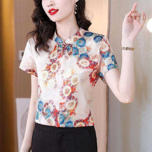 新款气质百搭打底t恤短袖女印花盘扣中国风上衣KQL-A139N839 商品图3
