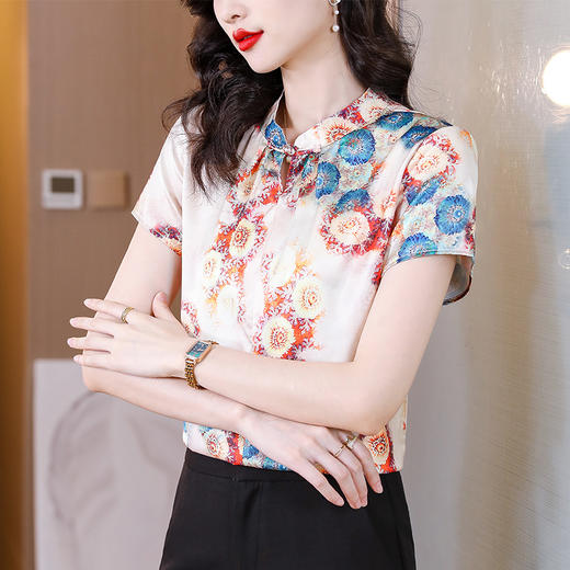 新款气质百搭打底t恤短袖女印花盘扣中国风上衣KQL-A139N839 商品图2