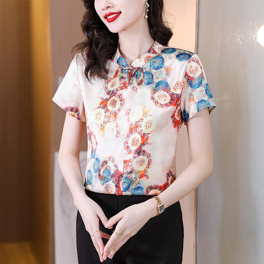 新款气质百搭打底t恤短袖女印花盘扣中国风上衣KQL-A139N839 商品图0