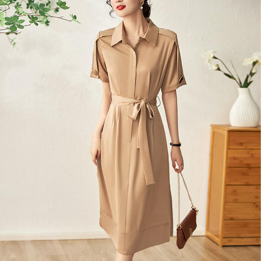 气质休闲，通勤纯色Polo领系带收腰显瘦开叉中长衬衫连衣裙 商品图0