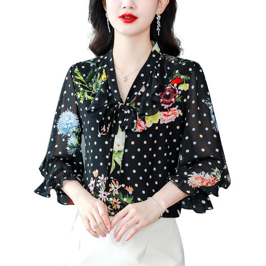 KQLE216N3786漂亮时尚的衬衫女雪纺衫印花飘带七分袖花色气质甜美别致法式上衣 商品图4