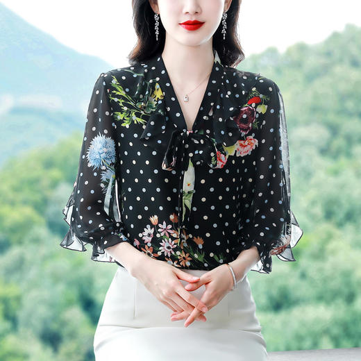 KQLE216N3786漂亮时尚的衬衫女雪纺衫印花飘带七分袖花色气质甜美别致法式上衣 商品图3