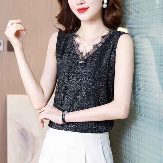 闪光亮丝蕾丝百搭拼接修身显瘦无袖背心内搭小衫KQL-345R9903 商品图1