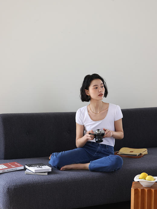 HeyDress法式花边T恤女夏季U领修身显瘦半袖泡泡袖别致短袖上衣 商品图3