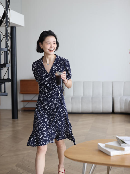 HeyDress法式碎花连衣裙女夏季复古青果领收腰裹身裙气质短款裙子 商品图2