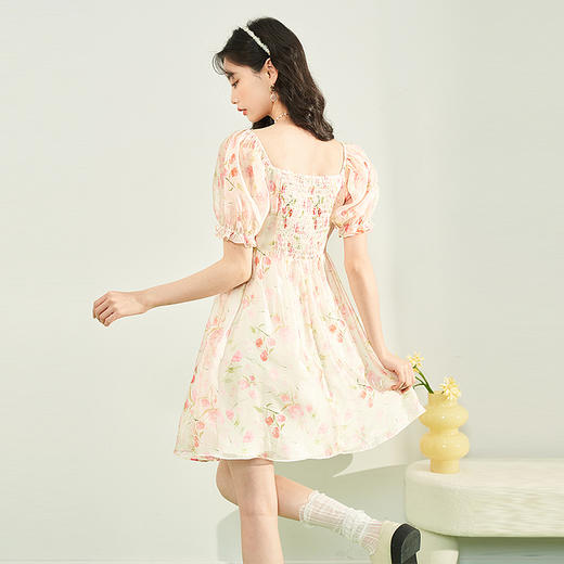 西遇法式碎花连衣裙女夏季新款晕染甜美高腰娃娃裙粉色短裙10930665 商品图3