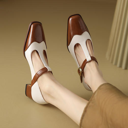 春秋新款，真皮拼色粗跟浅口单鞋DZM-AA2332 商品图1