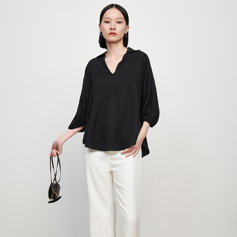 IN AND ON夏季新款莱赛尔凉感小翻领宽松气质休闲纯色衬衫女