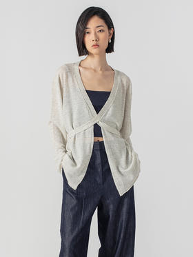 322工房重塑经典亚麻羊绒系带开衫2023春夏款长袖针织外套女B038