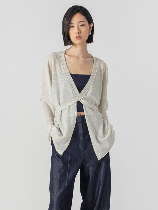 322工房重塑经典亚麻羊绒系带开衫2023春夏款长袖针织外套女B038 商品图0