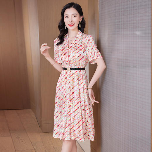 ASE-23002重磅弹力缎真丝连衣裙女夏新款西装领高腰显瘦气质桑蚕丝裙 商品图0