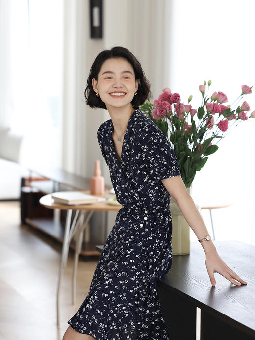 HeyDress法式碎花连衣裙女夏季复古青果领收腰裹身裙气质短款裙子 商品图0