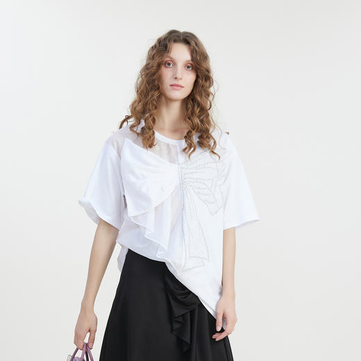 谜底中长款绣花T恤女2023夏季新款时尚拼接宽松上衣短袖232MT0713 商品图1