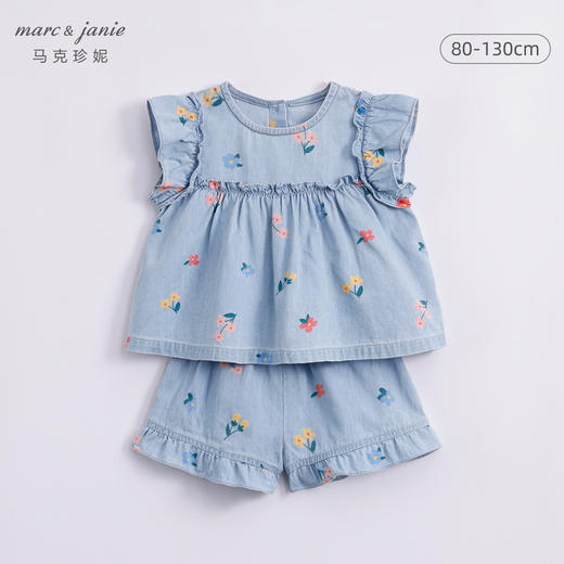 马克珍妮夏装新款 女童小花点缀花边袖纯棉短袖套装230795 商品图0