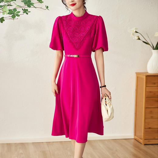 名媛气质，泡泡袖立领水溶花拼接系带收腰大摆A字连衣裙WLZD-2303607 商品图0