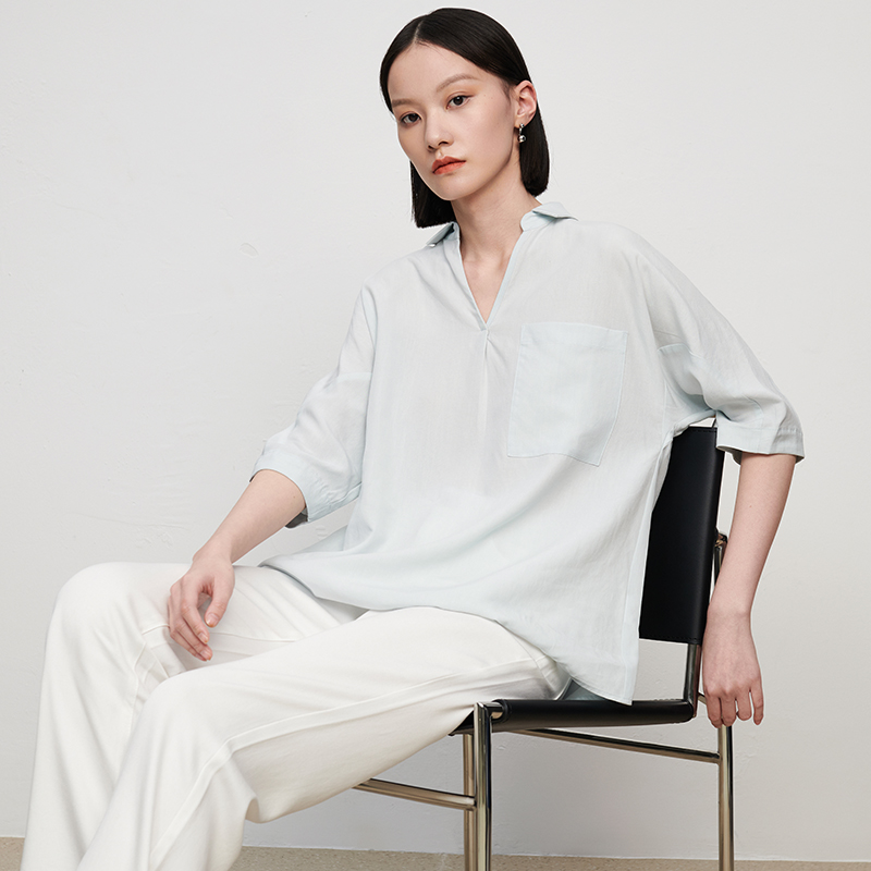IN AND ON 19-8006春夏女士衬衫新款亚麻宽松百搭通勤显瘦V领上衣