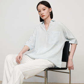 IN AND ON 19-8006春夏女士衬衫新款亚麻宽松百搭通勤显瘦V领上衣