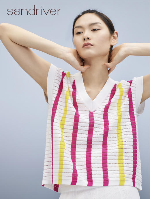 V领竖条撞色女套衫  SJS95W066K 商品图0