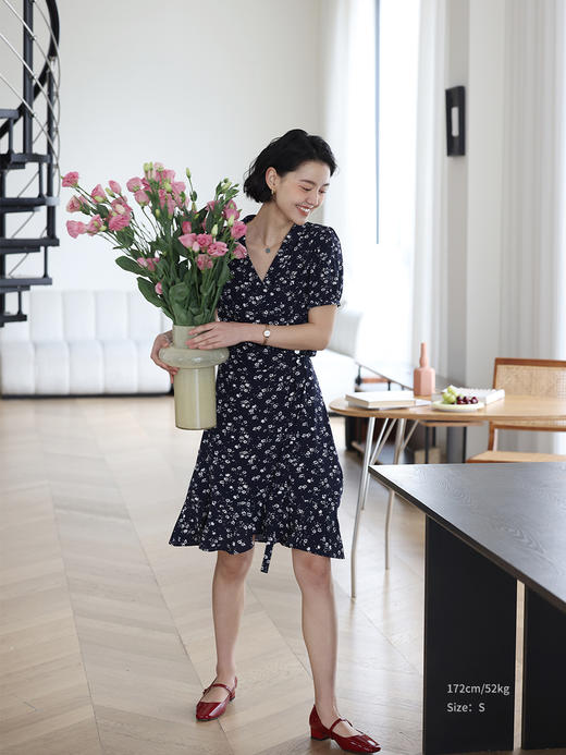 HeyDress法式碎花连衣裙女夏季复古青果领收腰裹身裙气质短款裙子 商品图1